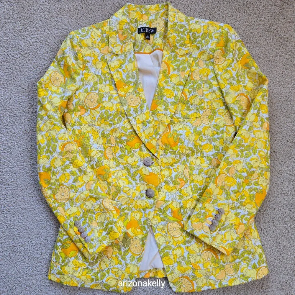 NWOT J. Crew Helena Linen Blazer in Limone Print Size 0 Lemon Citrus FIRM - Picture 2 of 13